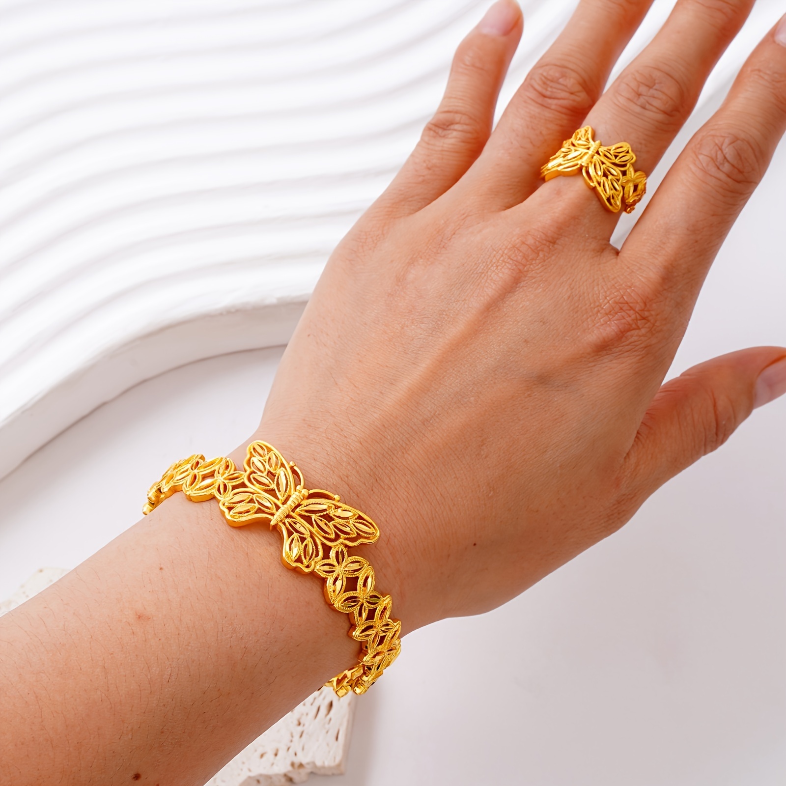 3pcs Golden Bangle Set with Ring and Butterflies